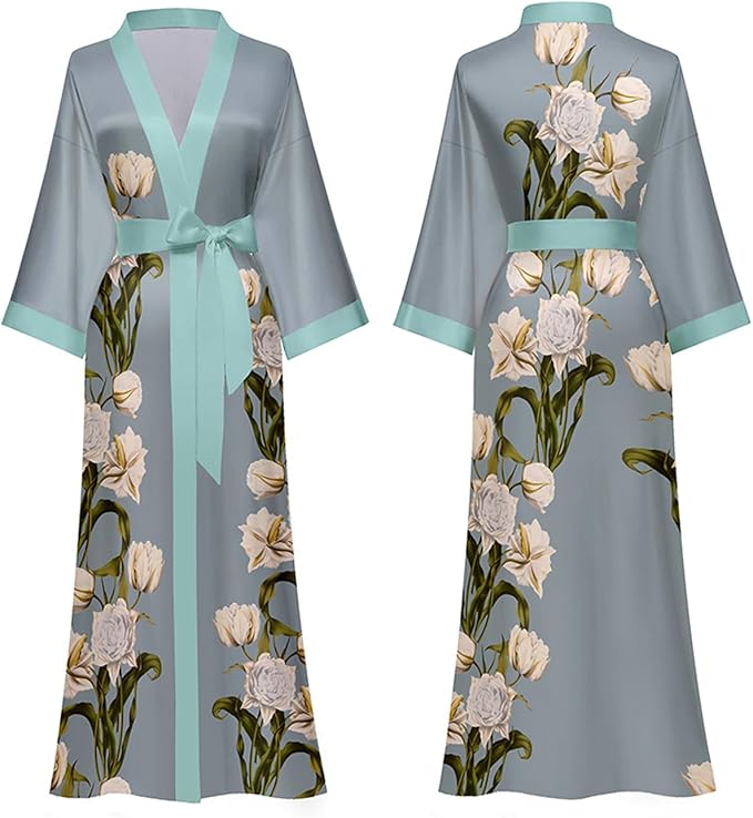 Silk Satin Robe for Women Long Japanese Kimono Robe Lightweight Soft Bathrobe Floral Luxury Dressing Gown