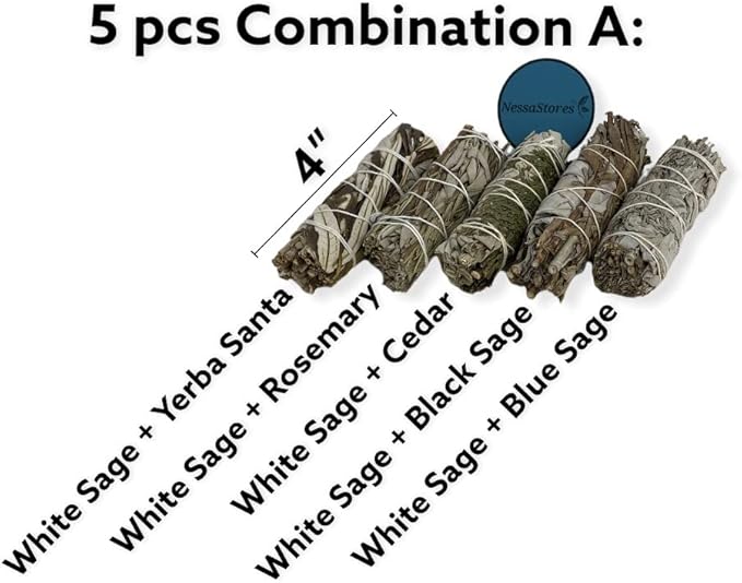 NESSASTORES - White Sage Mixture Smudge Sampler Kit 4" Bundles #JC-230 (4 Kits, 5 pcs Combination A)