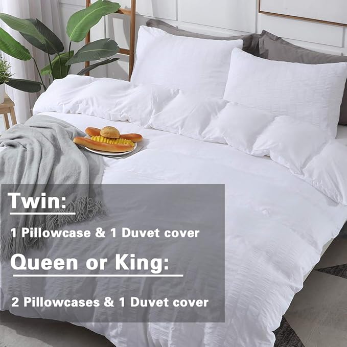 AveLom White Duvet Cover Set California King Size (104 x 98 inches), 3 Pieces (1 Duvet Cover + 2 Pillowcases), Seersucker Soft Washed Microfiber, Textured Duvet Cover with Zipper Closure, Corner Ties