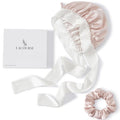 Non-Slip 100% Mulberry Silk Bonnet for Sleeping Women - Double Layer Silk Hair Wrap for Curly Hair, with Tie Bands to Secure the Cap (Pink+Ivory)