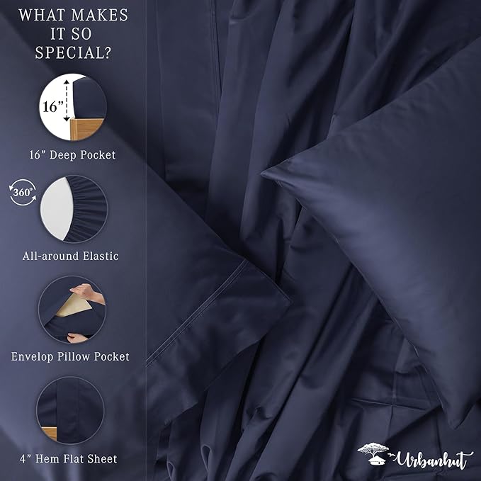 URBANHUT 700 Thread Count California King Size Egyptian Cotton Sheets, 4Pc Sheet Set Soft Luxury Bed Sheets for Cal King Size Bed, Sateen Weave Hotel Sheets, 16'' Elasticized Deep Pocket - Navy Blue
