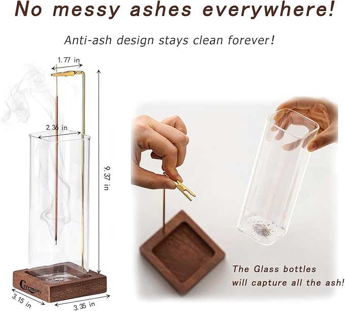 Ceremony Incense Holder，2 Pack Wood Incense Holder for Sticks with Glass Ash Catcher，Incense Burner for Meditation Yoga Spa Room Decor