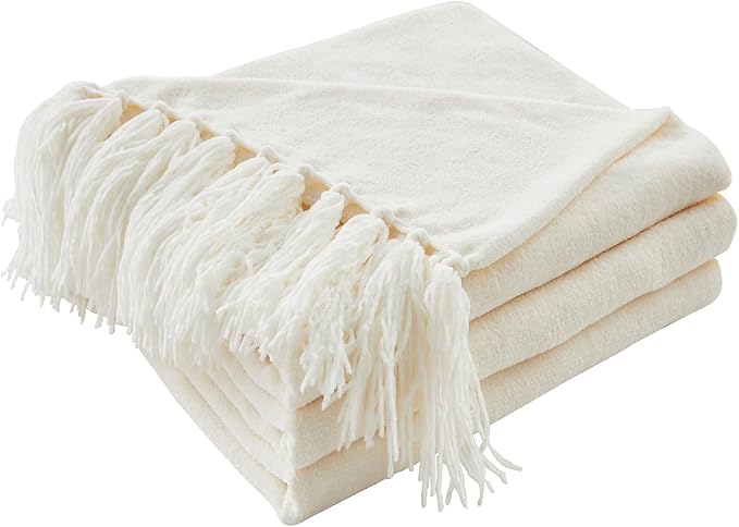 CozeCube Chenille Throw Blanket for Couch, Cozy Plush Fuzzy Decorative Cream White Blanket with Fringe Tassels, Lightweight Throws for Bed Sofa Gift Home Decor, 60"X80"