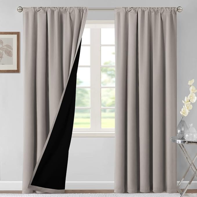 H.VERSAILTEX 100% Blackout Curtains for Bedroom Thermal Insulated Curtains Blackout Curtains for Living Room 96 Inches Long Rod Pocket Window Drapes with Black Liner 2 Panels Set, Warm Taupe