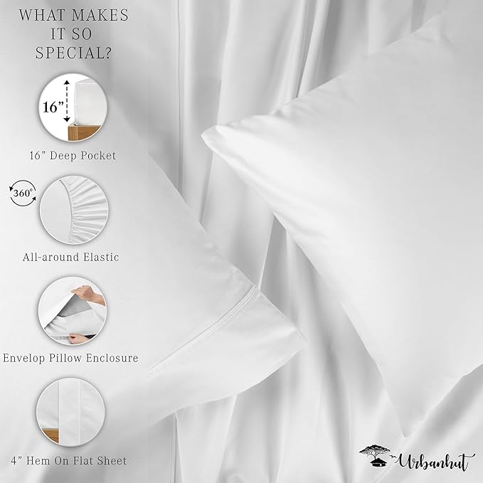 URBANHUT 100% Egyptian Cotton Full Size Sheet Set - 1000 Thread Count, Luxury Bedsheets for Full Size Bed, Long Staple, 16 Inches Deep Pocket, Super Soft Breathable, Sateen Weave Sheets, 4 Pc White