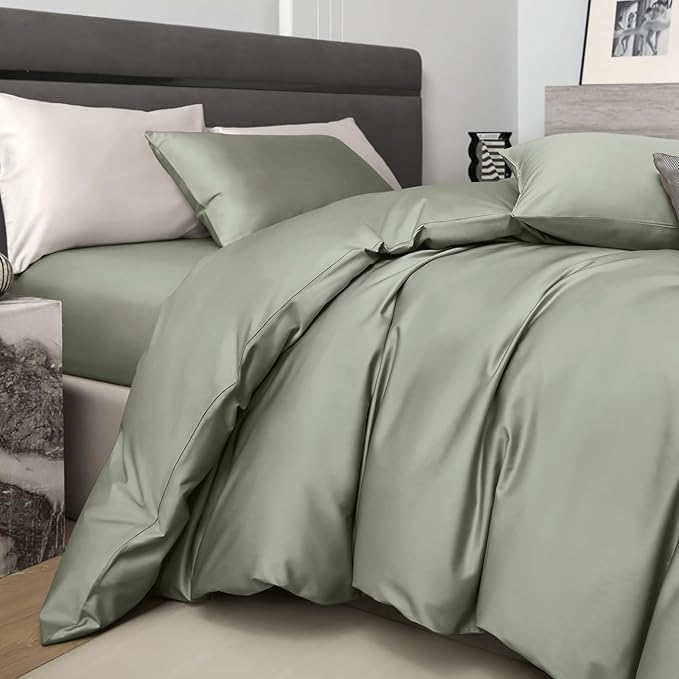 PURE ERA Duvet Cover Set 800 Thread Count Long Staple Cotton Sateen Silky Soft Luxurious Smooth 3 Piece Set Light Olive Green Queen
