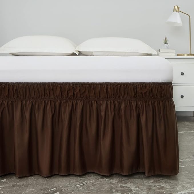 MEILA Wrap Around Bed Skirt Three Fabric Sides Elastic Dust Ruffled 24 Inch Tailored Drop,Easy to Install Fade Resistant-Brown, Twin/Full