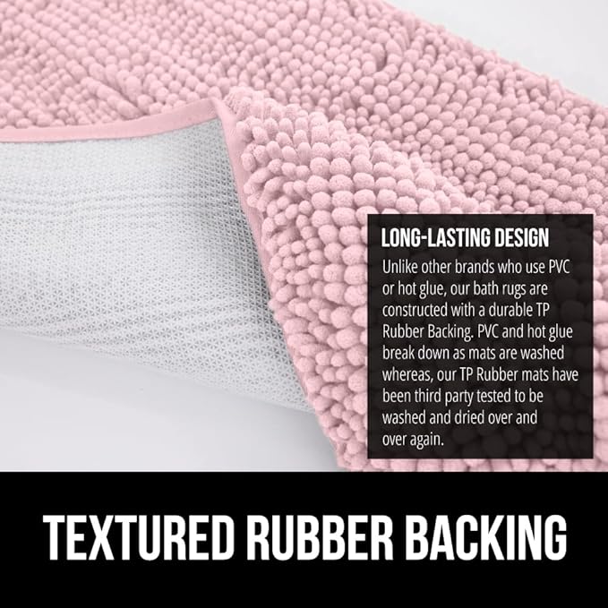 GORILLA GRIP Plush Absorbent Shaggy Chenille Bath Rug Mat for Square Toilet Base with Rubber Backing, Machine Washable Rugs, Soft Microfiber Contour Mats for Toilets, Bathroom Decor, Lt Pink