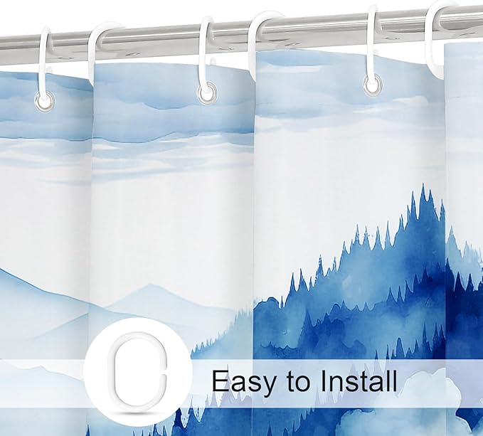 Navy Blue Misty Pine Forest Shower Curtain, Mountain Foggy Woodland Scenery Tree Shower Curtains for Chic Rustic Bathroom, Abstract Modern Waterproof Nature-Themed Decor, 72x72 Inches