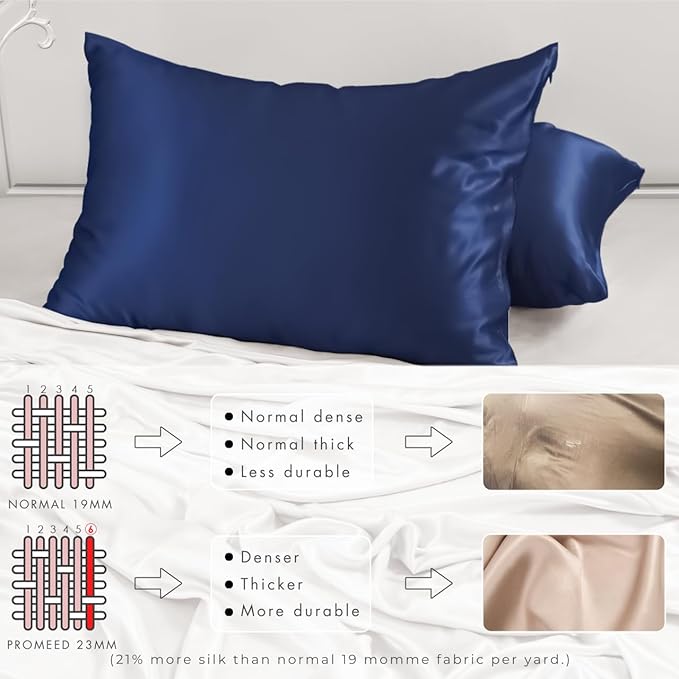 PROMEED 23 Momme Silk Pillowcases 2pcs Set, Mulberry Silk Pillow Case Set of 2, Ultra Soft Silk Pillowcase for Hair and Skin (Queen 20"x30", Navy)
