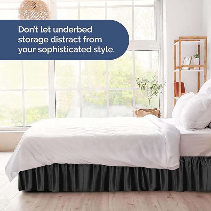Wrap Around Dust Ruffle Bed Skirt - Black - for King Size Beds with 18 Inch Drop - Easy Fit Elastic Strap - Adjustable Pleated Bedskirt w/Brushed Fabric - Wrinkle Free - for Women, Men, Kids & Teens