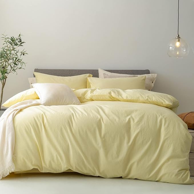 FOSSA Duvet Cover Set 100% Washed Cotton Linen Feel Super Soft Breathable Cozy 3 Pieces Bedding Sets Solid Pastel Yellow Oversized King