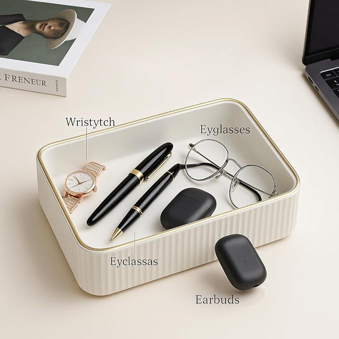 Leather Desk Organizer Tray - Decorative Vanity Perfume Tray & Jewelry Holder, Key Bowl for Entryway, Nightstand Organizer with Handles for Women and Men