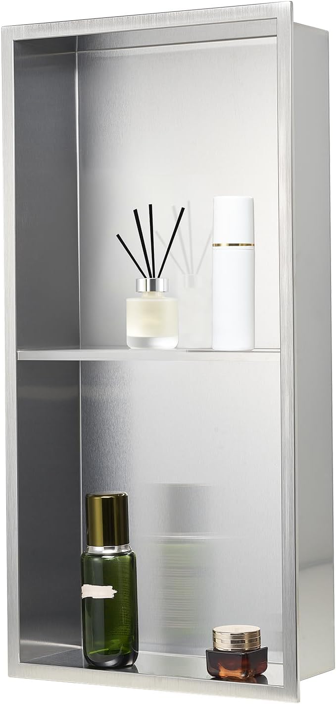 VEVOR Shower Niche, 13 x 25 x 4 inch Recessed Wall Niche Double-layer, with Hollowed-out Divider,Heavy-duty Stainless Steel Modern Shampoo Storage Organizer,Waterproof, Silver for Bathroom