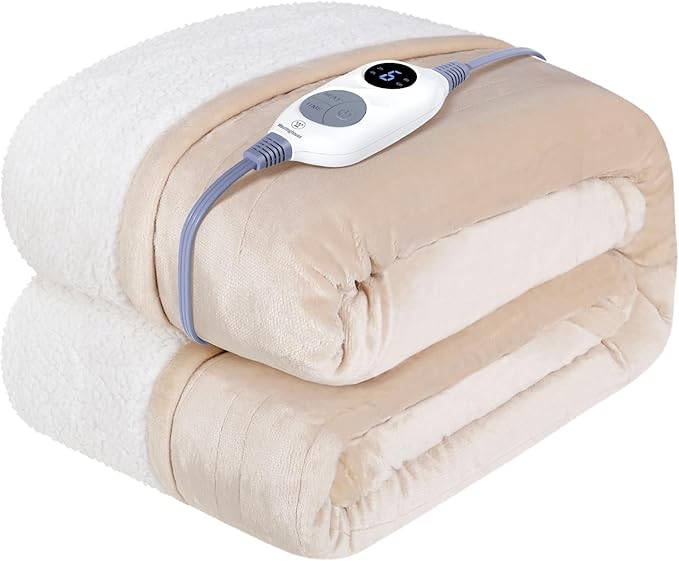 Westinghouse Heated Throw Blanket, Soft Flannel to Sherpa Electric Throw with 6 Heating Levels, 2-10 Hours Time Settings, Fast Heating, Machine Washable 50x60 Inch, Ivory