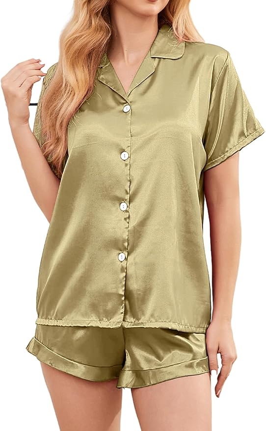 Women's Comfy Satin Pajamas - Soft Button-Up Shirt & Ruffled Adjustable Drawstring Shorts - Elegant Sliky Pjs