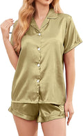 Women's Comfy Satin Pajamas - Soft Button-Up Shirt & Ruffled Adjustable Drawstring Shorts - Elegant Sliky Pjs