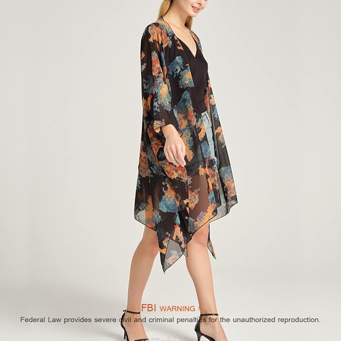 Women's Bohemian Floral Chiffon Beach Cover up Swimsuit Kimono Summer Swimwear Cardigans