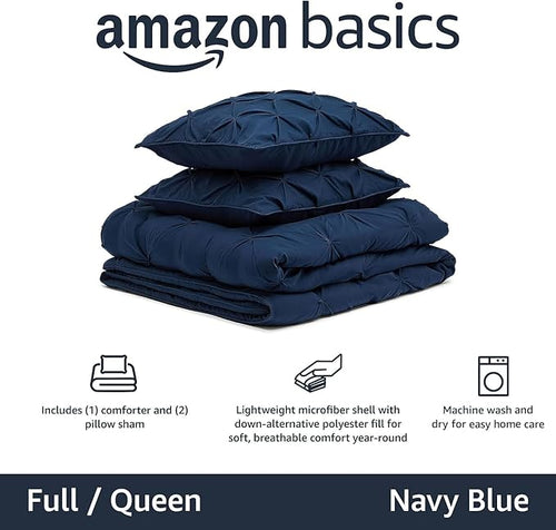 Amazon Basics Soft, Warm Down Alternative Queen Size Comforter Set, All-Season 3-Piece Bedding with Breathable Microfiber, Pinch Pleat Design, Full/Queen, Navy Blue