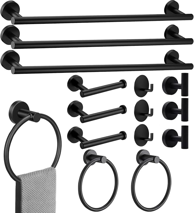 15sets 23.6inch Matte Black Bathroom Hardware Set, Include 3PCS 23.6inch Towel Bar, 3PCS Towel Ring, 3PCS Toilet Paper Holder, 6PCS Robe Hook-Matte Black