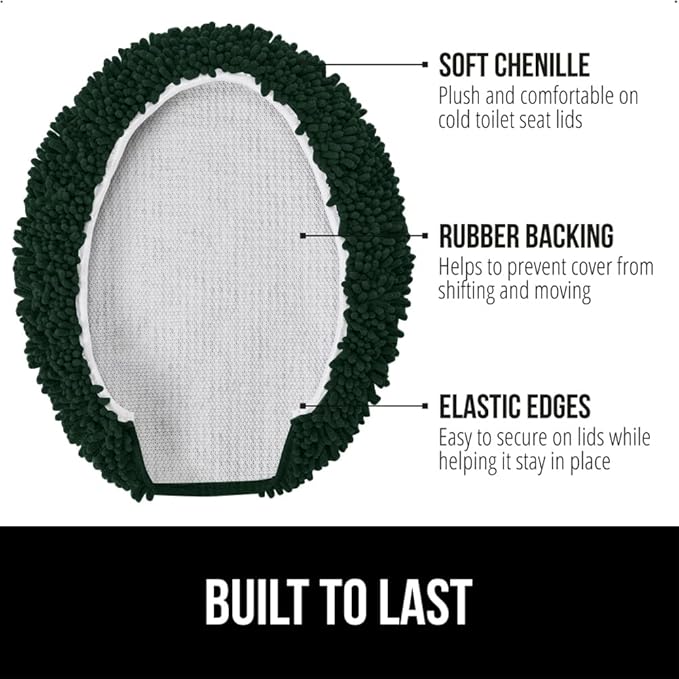 GORILLA GRIP Soft Chenille Bathroom Toilet Lid Cover, Machine Washable Seat Covers, 19.5x18.5, Stays in Place Rubber Backing, Fits Most Round, Elongated and Oblong Lids, Accessories Decor, Hunter
