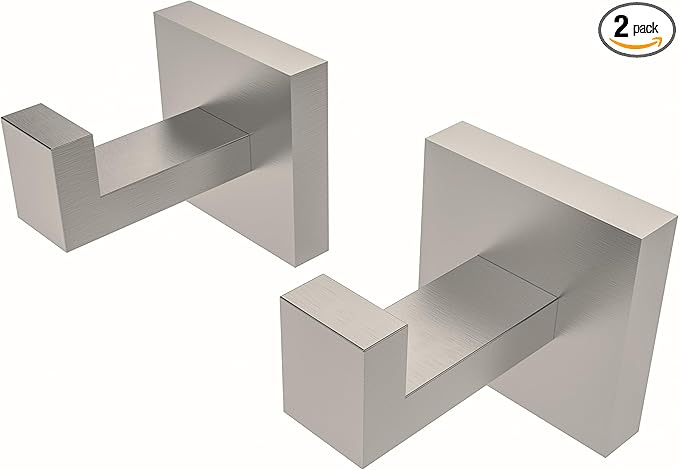Ruacq Towel Hooks for Bathrooms, 2pcs Square Base Robe Coat Clothes Hook Wall Mount, SUS 304 Stainless Steel Wall Hooks for Hanging, Heavy Duty(Brushed Nickel)