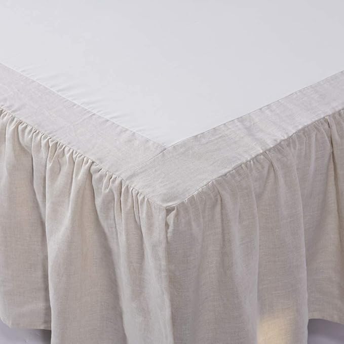 MEADOW PARK Washed French Linen Bed Skirt, Dust Ruffl, Twin Size 39" W x 75" L, Drop 16", Super Soft, Ruffle Style, Natural Color