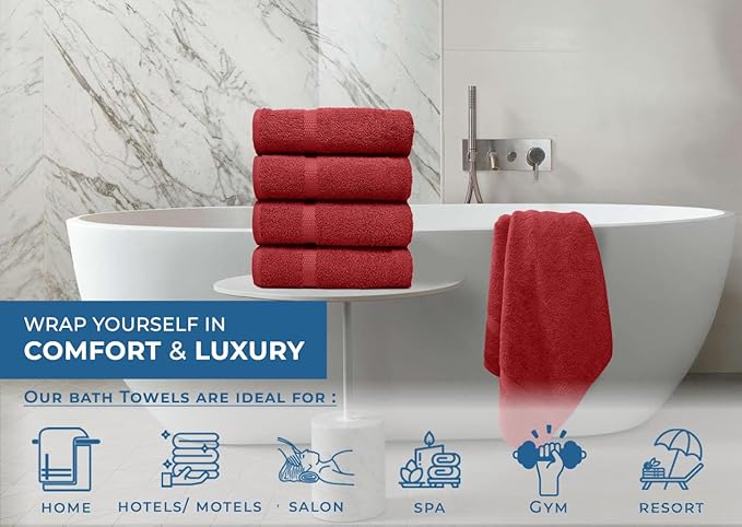 DAN RIVER Bath Towels Set of 4, 27 x 54 Inches, 100% Cotton, Larger & Lighter Weight, Quicker to Dry, Super Soft and Absorbent, Ideal Absorbent Bath Towels for Daily Use, Red