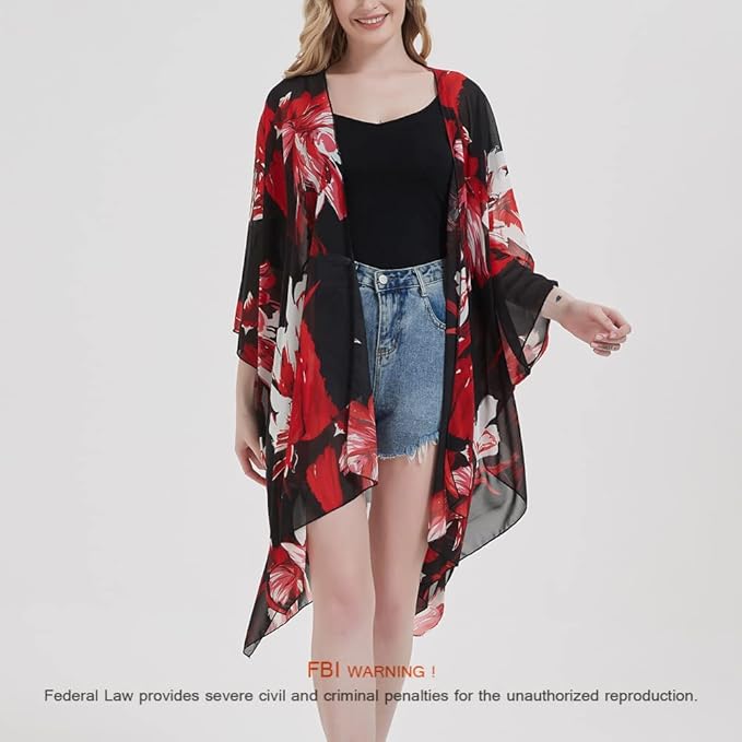 Women's Bohemian Floral Chiffon Beach Cover up Swimsuit Kimono Summer Swimwear Cardigans