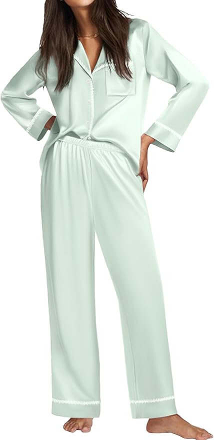 Ekouaer Satin Pajama Set for Women Silky Sleepwear Long Sleeve Top and Pants Button Down Pjs Lounge Set