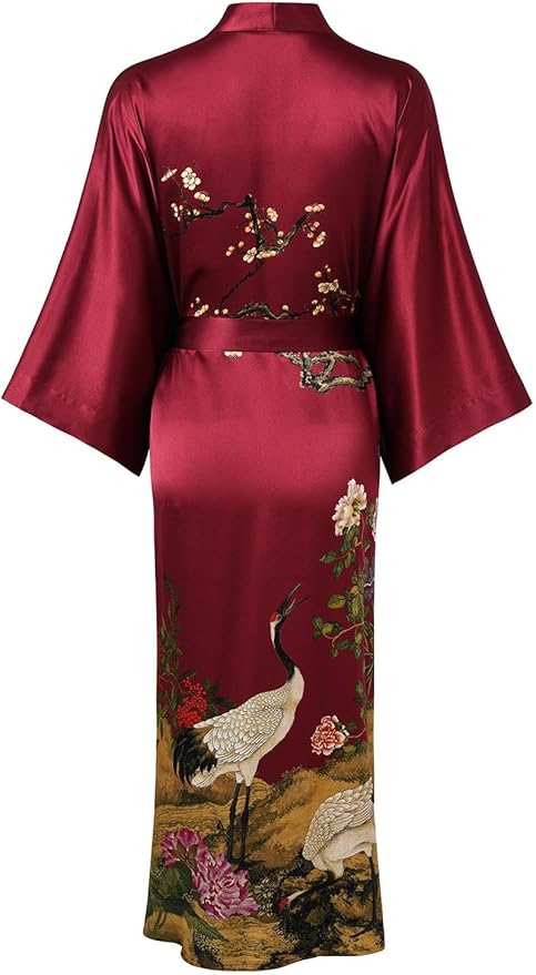 Women's Silk Kimono Robe Long Bathrobe Nightgown 100% Mulberry Silk for Women - Classic Floral Pattern