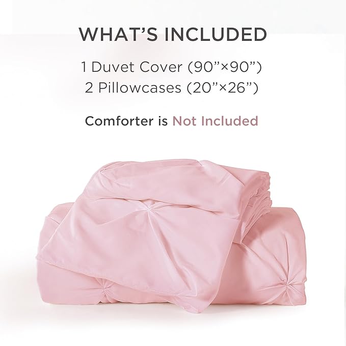 Litanika Pink Queen Pinch Pleat Duvet Cover, 3 Pieces Pintuck Cover Soft Microfiber Bedding Set with Zipper Closure & Corner Ties(90x90Inch-1 Duvet Cover, 2 Pillowcases)