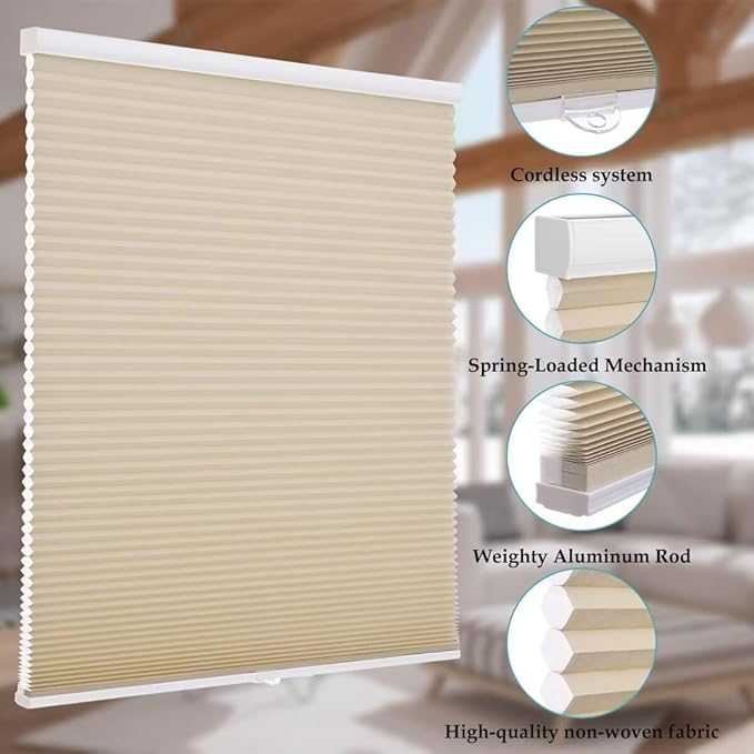 MYshade 1.5-Inch Cellular Cordless Light Filtering Shades,Thermal Insulating Noise Reducing Waterproof Blinds,Honeycomb Window Treatments for Indoor Light Control (Beige-24 W x 50" H)