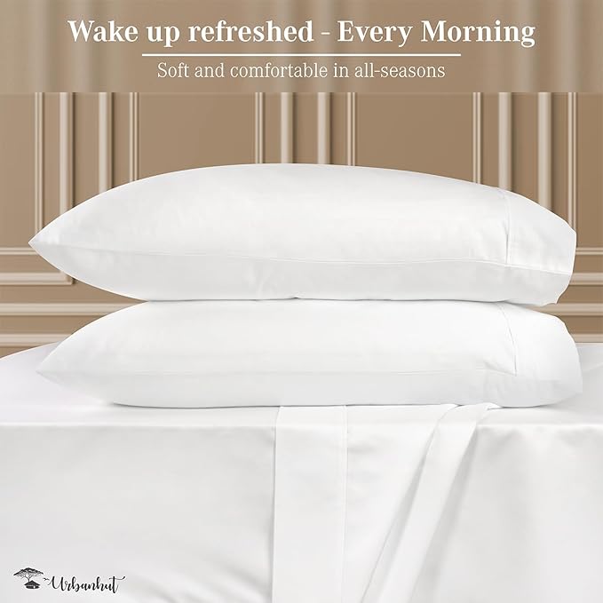 URBANHUT 100% Egyptian Cotton Full Size Sheet Set - 1000 Thread Count, Luxury Bedsheets for Full Size Bed, Long Staple, 16 Inches Deep Pocket, Super Soft Breathable, Sateen Weave Sheets, 4 Pc White