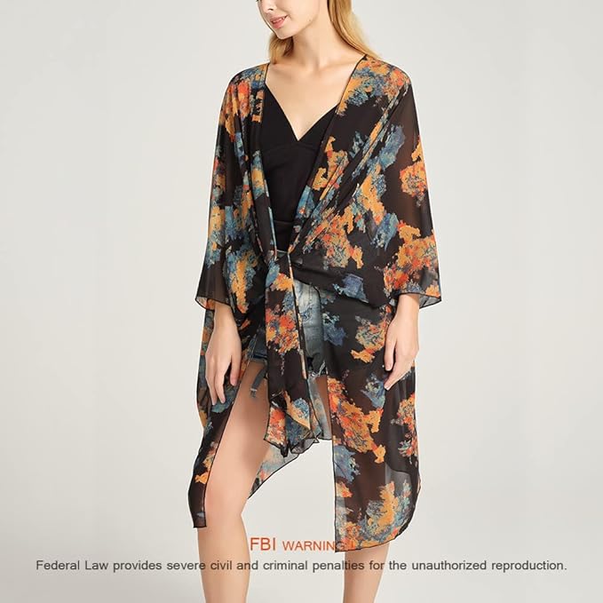 Women's Bohemian Floral Chiffon Beach Cover up Swimsuit Kimono Summer Swimwear Cardigans
