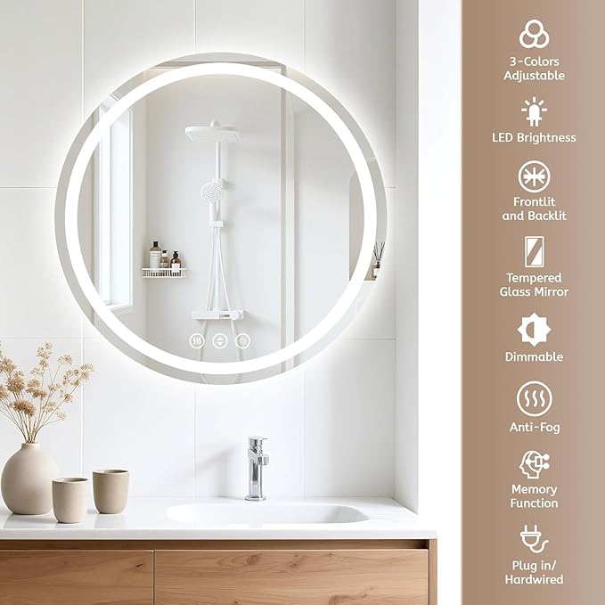 Round LED Bathroom Mirror with Lights, Backlit & Front Lighted, Wall-Mounted Vanity Mirror 3000K/4000K/6000K, Memory Functions, Anti-Fog, Dimmable Smart Mirror (Round 28" x 28")
