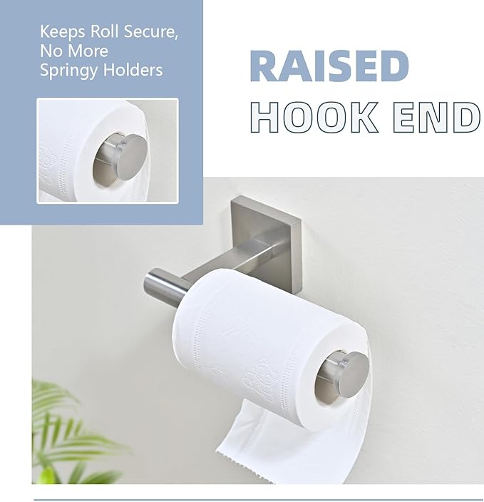 Brushed Nickel Bathroom Hardware Set, Toilet Paper Holder with 2 Square Towel Hooks, 3PCS SUS 304 Stainless Steel Set, Wall Mounted, Rust Resistant, Modern Fingerprint-Free Finish (Silvery)