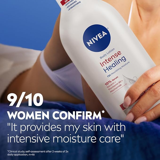 NIVEA Intense Healing Body Lotion for Very Dry, Itchy Skin with Glycerin, Provitamin B5 and Niacinamide, 72-Hour Body Moisturizer, 33.8 Fl Oz Value Size Pump Bottle