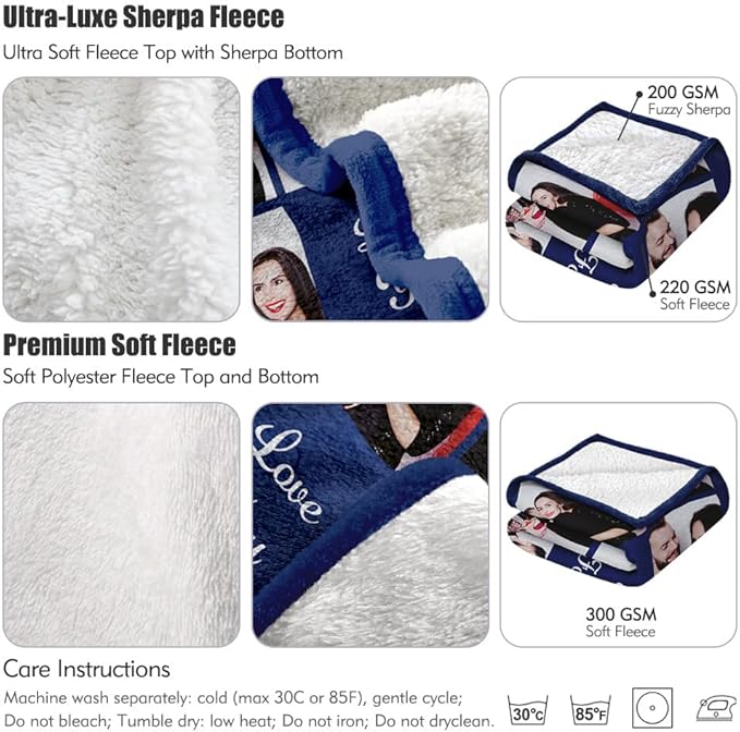 Custom Sherpa Fleece Blanket with Photos Text - Soft, Warm & Fuzzy Personalized Couples Gifts for Boyfriend, Girlfriend - Customized Picture Blanket for Birthday, Anniversary, Christmas