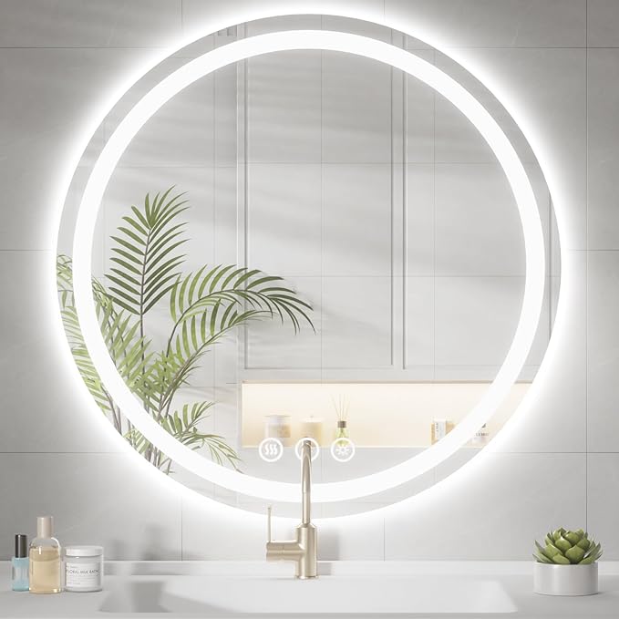 Round LED Bathroom Mirror with Lights, Backlit & Front Lighted, Wall-Mounted Vanity Mirror 3000K/4000K/6000K, Memory Functions, Anti-Fog, Dimmable Smart Mirror (Round 28" x 28")