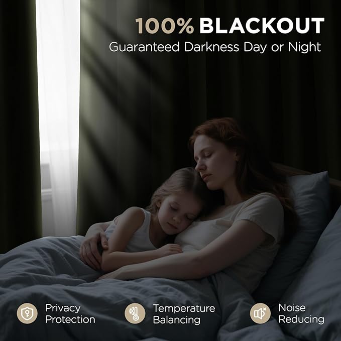 Joydeco Moss Green 100% Blackout Curtains 96 Inch 2 Panels, Luxury Thermal Green Velvet Curtains for Bedroom Living Room, Soundproof Blackout Window Drapes, Rod Pocket & Back Tab (52W x 96L)