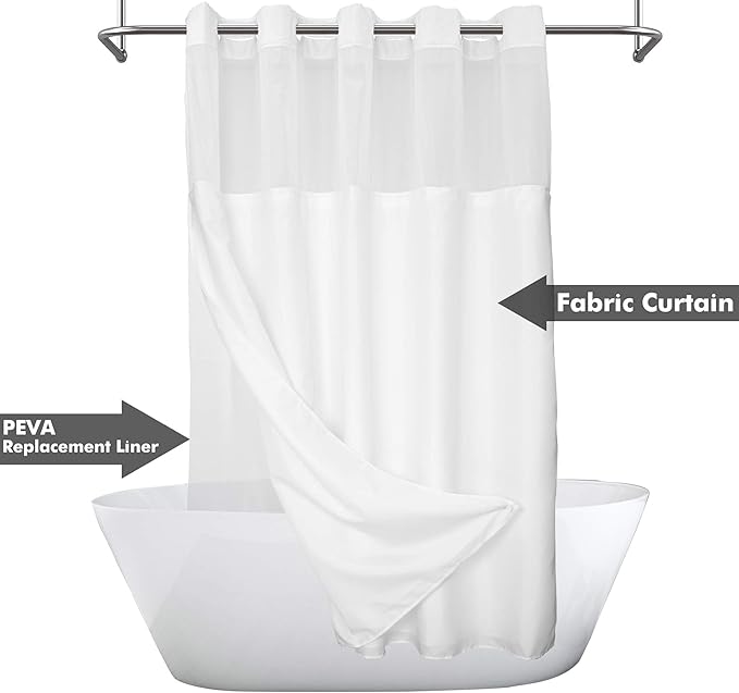 River Dream Extra Long No Hook Slub Textured Shower Curtain with Snap-in PEVA Liner Set - 71" x 98"(96"), Hotel Style with See Through Top Window, Fabric Curtain & Waterproof Liner, White, 71x98