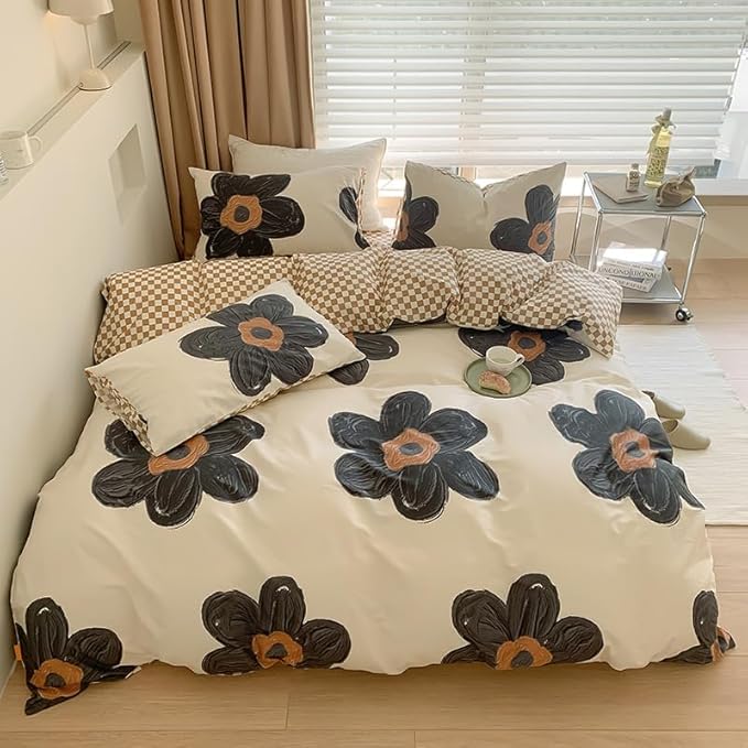 Cottonight Black Sunflower Comforter Set Full Black Beige Floral Bedding Comforter Set Full Big Flowers Cute Quilts Botanical Black White Blankets Elegant Bedding Set for Women Girls Female Teens
