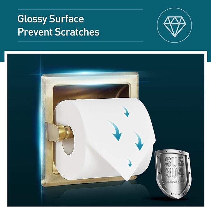 Recessed Toilet Paper Holder in Wall Mounted with Rear Mounting Bracket Stainless Steel Heavy Duty Brushed Gold Finish 6.2x6.2 Square Jumbo Mega Tissue Holder for Bathroom Wall