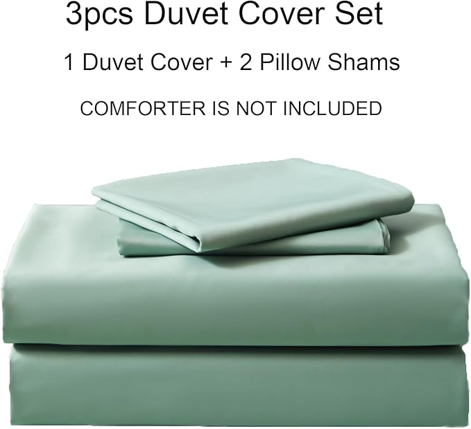 PURE ERA Duvet Cover Set 800 Thread Count Long Staple Cotton Sateen Silky Soft Luxurious Smooth 3 Piece Set Light Sage Green Queen