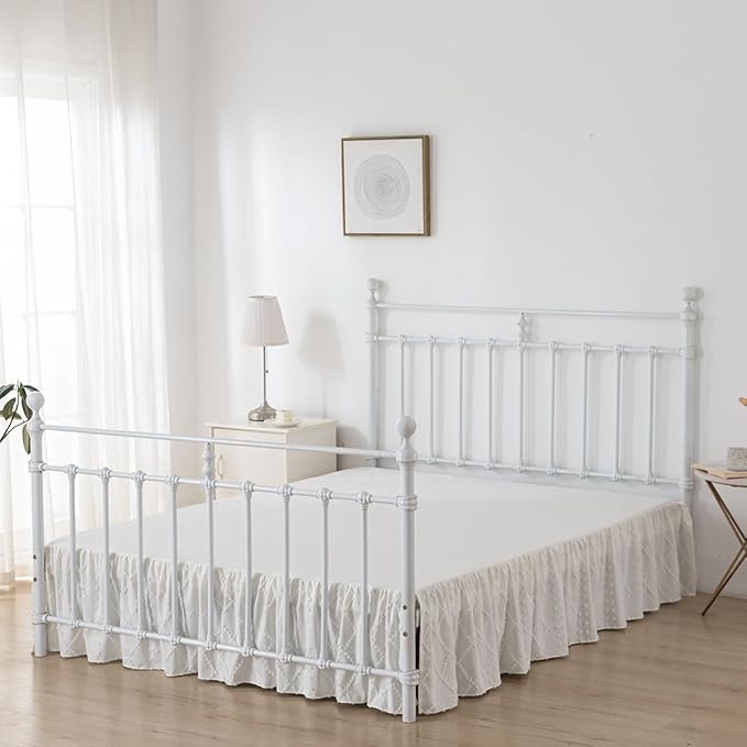 Bed Skirt King Size Ruffled Bed Skirt with Split Corners, 16 Inch Drop Dust Ruffle Bed Skirts with Platform, Boho Tufted Shabby Chic King Size Bed Skirts, Ivory