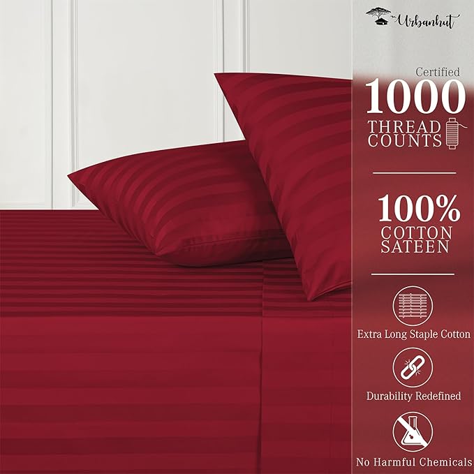 URBANHUT 1000 Thread Count Damask Striped King Bed Sheets Egyptian Cotton Sheet Set, Long Staple Soft & Breathable, 4 Pc Bed Sheet Sets, Luxury Hotel Sateen Sheets Fits 16" Deep Pocket - Burgundy