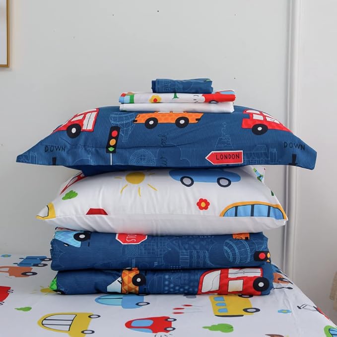Wajade Cartoon Cars Comforter Set Bed in A Bag Queen Size Colorful Cars Bus Van Traffic Lights Bedding Set for Boys Kids (1 Comforter, 1 Flat Sheet, 1 Fitted Sheet, 2 Pillowcase and 2 Pillow Sham)