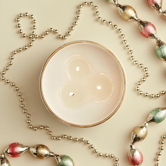 Thymes Frasier Fir Candle - Gilded Collection - Wood Grain Ceramic Design with 24-Karate Gold Rim - Mountain Fresh Fragrance - Elegant Winter Candle Scents - Gifts for Women & Men (3-Wick, 20 oz)