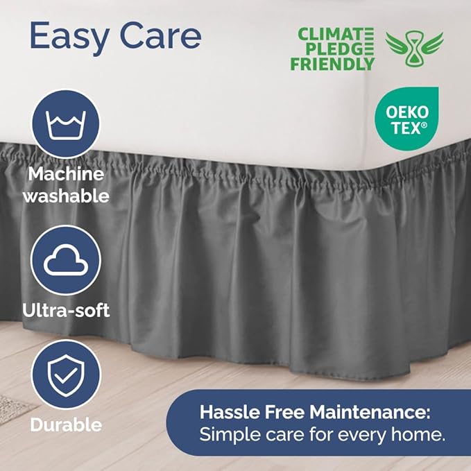 Wrap Around Dust Ruffle Bed Skirt - Dark Grey - for King Size Beds w/ 14 Inch Drop - Easy Fit Elastic Strap - Adjustable Pleated Bedskirt with Brushed Fabric, Wrinkle Free Women, Men, Kids and Teens
